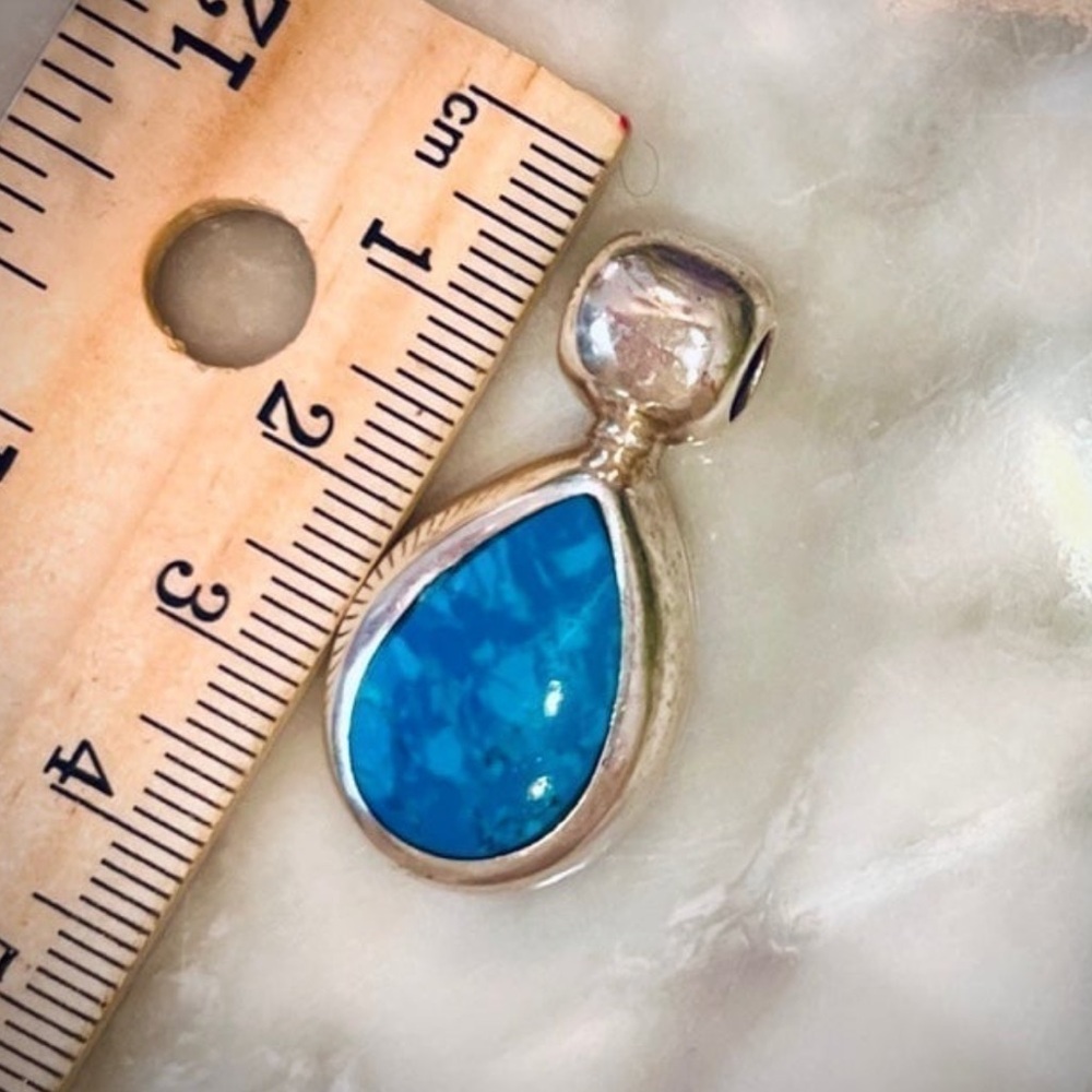 Vintage Handmade Turquoise Pendant Solid Heavy 925 Sterling Silver Mexico .925 - Picture 5 of 15